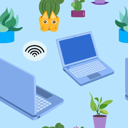 Cute seamless pattern with laptop and cactus potsのイラスト素材