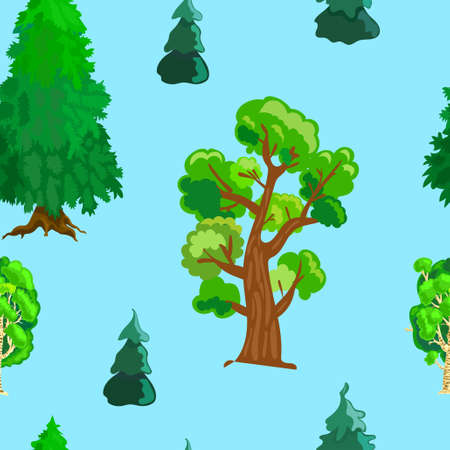 Cute green summer tree on blue seamless backgroundのイラスト素材