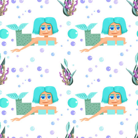 Cute square sea bottom mermaid in seamless patternのイラスト素材
