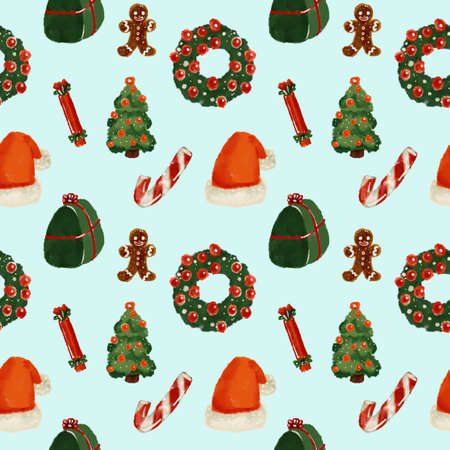 Cute blue seamless pattern with christmas decorの写真素材