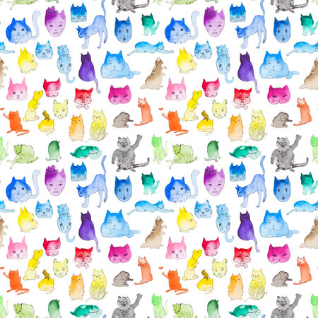 Cute bright seamless pattern with hand drawn catsの写真素材