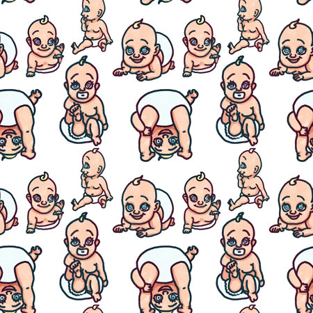 Cute hand drawn baby seamless pattern on whiteの写真素材