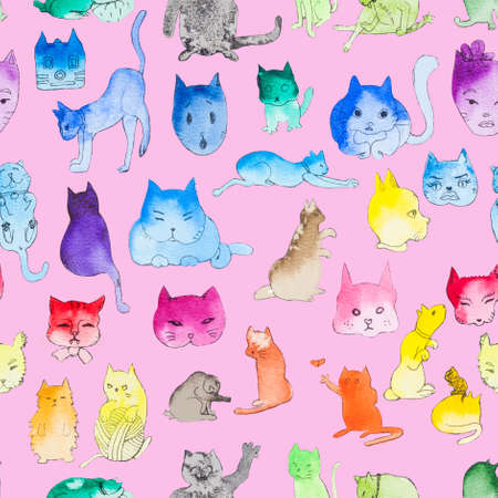 Hand drawn rainbow cats in a pink seamless patternの写真素材