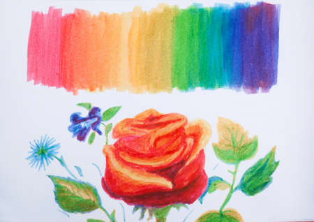 Bright and beautiful rose and rainbow hand drawn using alcohol markers on paper. Sketching flowers in a sketchbook for markers.の写真素材