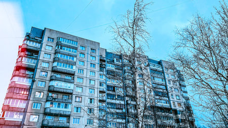 Residental house. Dweling accomodation unit for city residents. OUtskirts of town. Multi-stored...