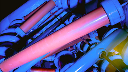 Low angle view of futuristic construction at night. Abstract wallpaper in cyberpunk style. Background with metal tower. Soft focus. film grain pixel texture. Defocused.の写真素材