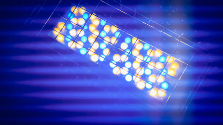 Abstract background with flash of modern chandelier. Neon light at night club. Blue wallpaper with bokeh lights. Soft focus. film grain pixel texture. Defocused.の写真素材