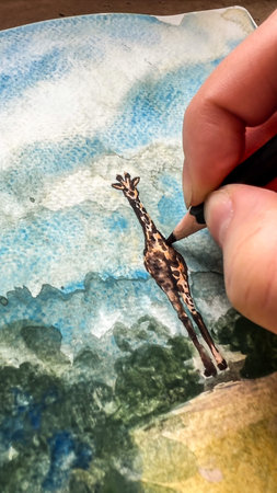 Close-up POV process of drawing watercolor and color pencils sketch. Sketching African landscape and...