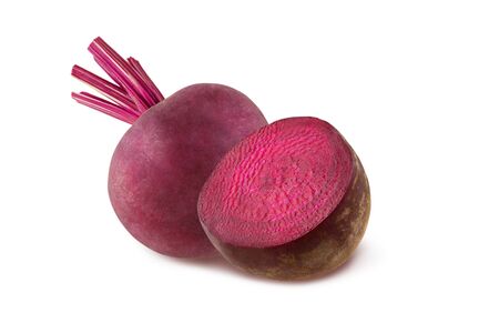 Whole red ripe beetroot and half isolated on white background as package design elementの写真素材