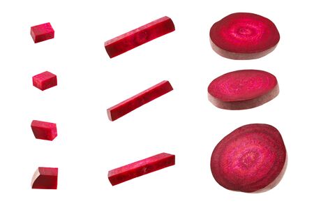 Beet slices. Half of ripe raw beetroot and slices isolated on white backgroundの写真素材