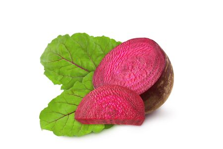 Red beet pieces and beetroot leaves isolated on white background as design for packagingの写真素材