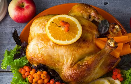 Baked Turkey for family Christmas dinner. Thanksgiving, holiday food.Top view, close-upの写真素材