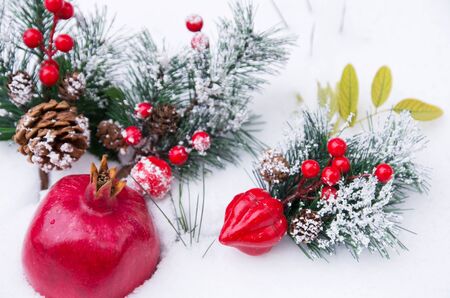 Ripe red pomegranate and fir branches with cones in the snow, winter, Christmas holidayの写真素材