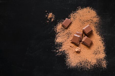 Chocolate pieces and cocoa powder on dark black background. Top viewの写真素材