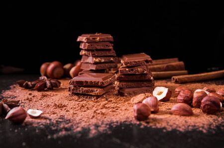 Milk chocolate with nuts,cocoa powder and cinnamon on dark background.の写真素材