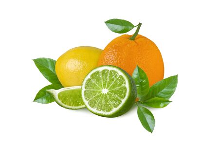 Citrus fruit with green leaves isolated on white background as packing design element. Lemon, orange and lime with slicesの写真素材