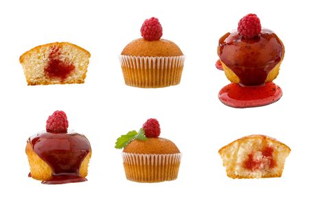 Set of cupcakes. Raspberry cupcake, jam cupcakes and half isolated on white background.の写真素材