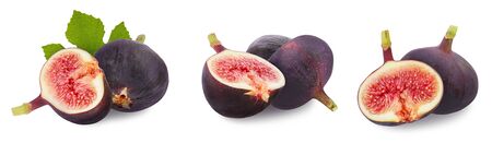Figs isolated. Whole fresh ripe berry or fruit, half Fig and green leaf set isolated on  white background as  package design element.の写真素材