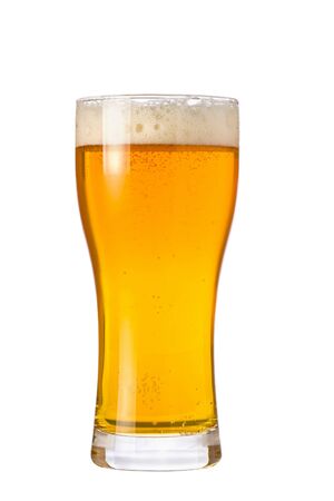 Vertical single glass of light beer with foam and bubbles isolated on white background. Weizen glass for wheat beerの写真素材