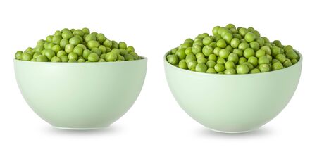 Green peas in white bowl set isolated on white background. Side view for packaging design with clipping path and shadowの写真素材