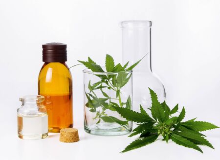 Hemp medical oil in glass bottle and fresh green cannabis leaves on white table backgroundの写真素材