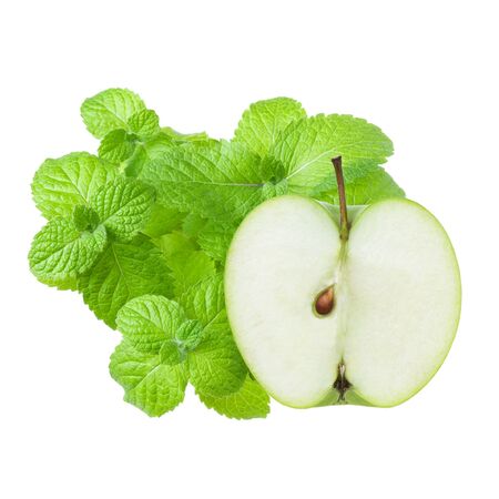 Mint leaves and green Apple half slice isolated on white backgroundの写真素材