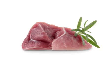 Pieces of raw meat with rosemary isolated on white background. With  shadowの写真素材