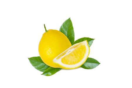 Isolated lemon fruit. Fresh citrus with lemon slice and green leaves on a white backgroundの写真素材