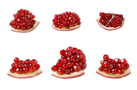 Pomegranate fruit slice set isolated on white background, red pomegranate pulp with grains, close upの写真素材