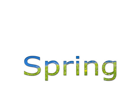 Word spring from the green grass and blue sky isolated on white background