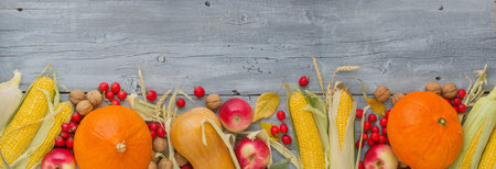 Autumn still life with pumpkin, apples, corn, nuts and leaves on vintage grey wooden table...