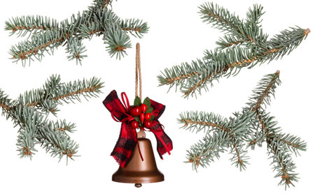 Blue fresh spruce branches set and christmas bell isolated on white background