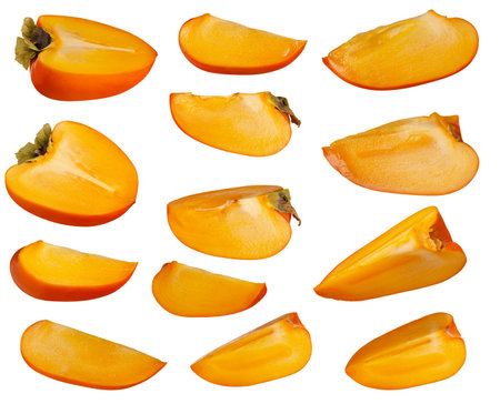 Persimmon slices, part of fruit set of different angles isolated on white backgroundの写真素材