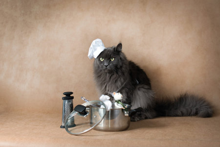 Cat chef. The cat prepares a holiday dinner, cooks mice in a saucepan.の写真素材