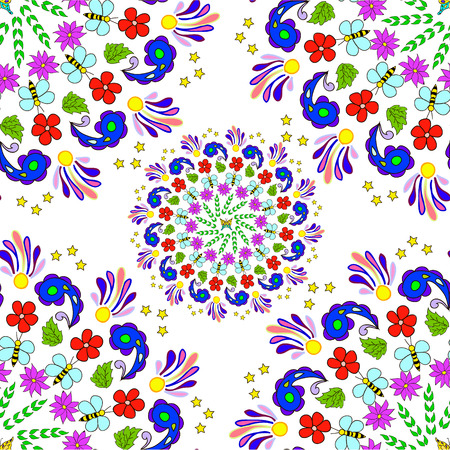 Children's seamless summer pattern mandala with flowers, leaves and bees on white background, can be used for wallpaper, pattern fills, web page background,surface textures.のイラスト素材