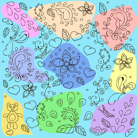 Abstract pattern with flowers, hearts, swirls on ayellow background,  can be used for wallpaper, pattern fills, web page background,surface texturesのイラスト素材