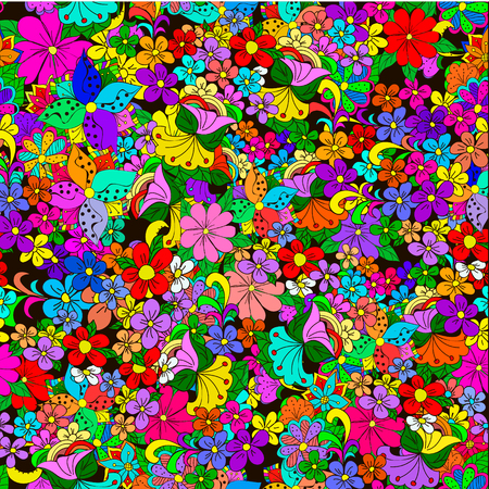 Seamless pattern with flowers and groundon a black background, can be user a decor, cards, invitation, web design.のイラスト素材