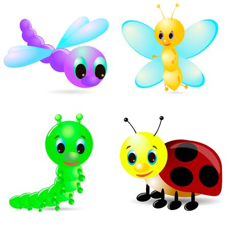 Cartoon caterpillar, ladybird, dragonfly, 3d butterfly on white background, with shadow.のイラスト素材