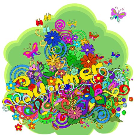 Flat style illustration with letters Summer, Flowers, butterfly, swirls on a green background.Bright romantic backgroundsのイラスト素材