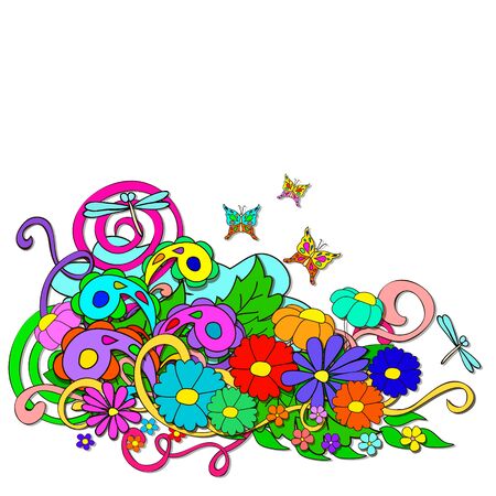 Summer Doodles with flowers and swirl on a white background. Separate Doodle elements for drawing. You can pick and design on their own.のイラスト素材