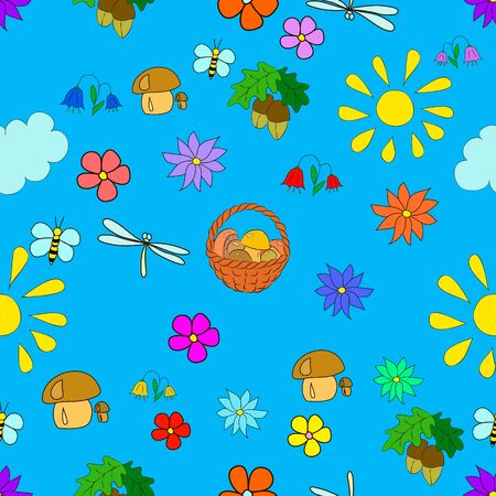Children's seamless summer pattern with flowers, leaves, mushrooms, sun, clouds, dragonflies, bees, stars and butterflies on blue background, can be used for wallpaper, pattern fills, web page background,surface textures.のイラスト素材