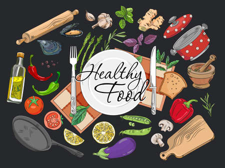 Food cooking set collection mixed. Dishes, vegetables, spices.の写真素材