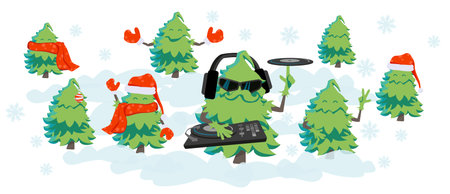 Party, vector, banner with Christmas trees cartoon, dances, merry mustachioed DJ with vinyl records.のイラスト素材