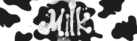 Milk inscription vector. Splash of creamy letters, drops. Cow texture, pattern, banner. Dairy. Natural fresh farm products. Agriculture.のイラスト素材
