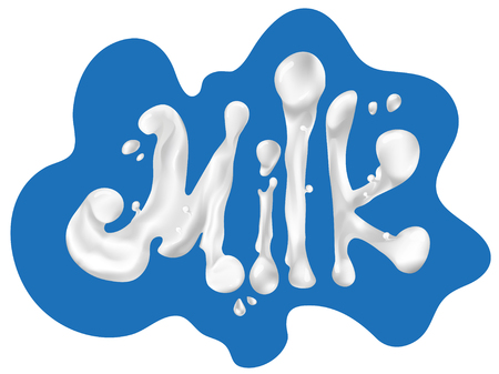Milk inscription vector. Splash of creamy letters, drops. Cow texture, pattern, banner. Dairy. Natural fresh farm products. Agriculture.のイラスト素材