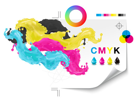 CMYK polygraphy, typography, offset set symbols and colors splash paint in vector. Printing logo and background. Paper, cut marks, color mixing, color wheel gradient, prepress.のイラスト素材