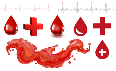 Blood drop splatter in vector, red medical cross, donation, ambulance clip art isolated on white background.のイラスト素材