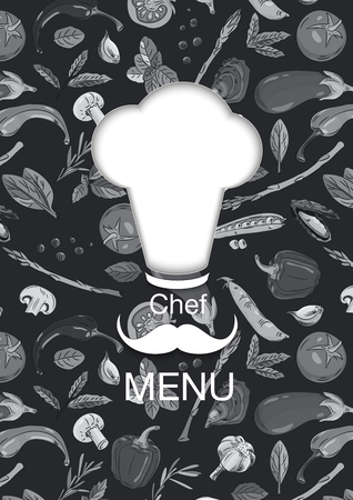 Cook's cap in vector. Hat on the background of the pattern of vegetables. Veggie Chefs Menu. Postcard and cover for cafe, restaurant.のイラスト素材