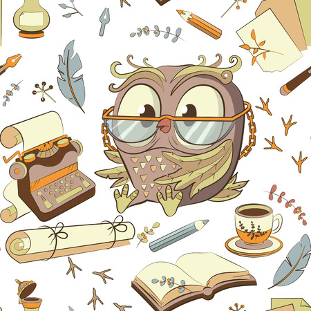 Owl cute pattern vector hand drawn. Isolated on white background. Adorable animal pet bird. The author writes books, creates, composes. Poet, blogger, journalist.のイラスト素材