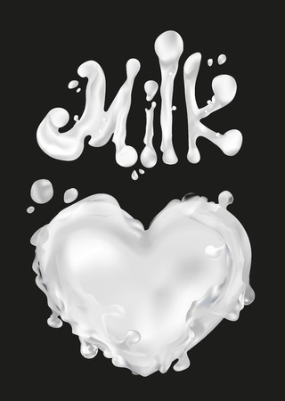 Milk splash letter realistic 3D word, inscription heart love. Clipart for design food packaging. Natural, dairy product, farm, useful. Kefir, yoghurt, dessert.の写真素材
